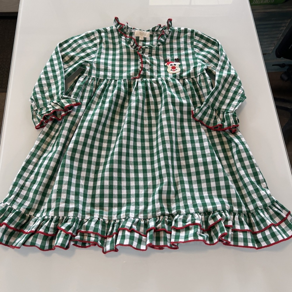 Green And White Gingham With A Reindeer Girls Dress Honeydew Size 2